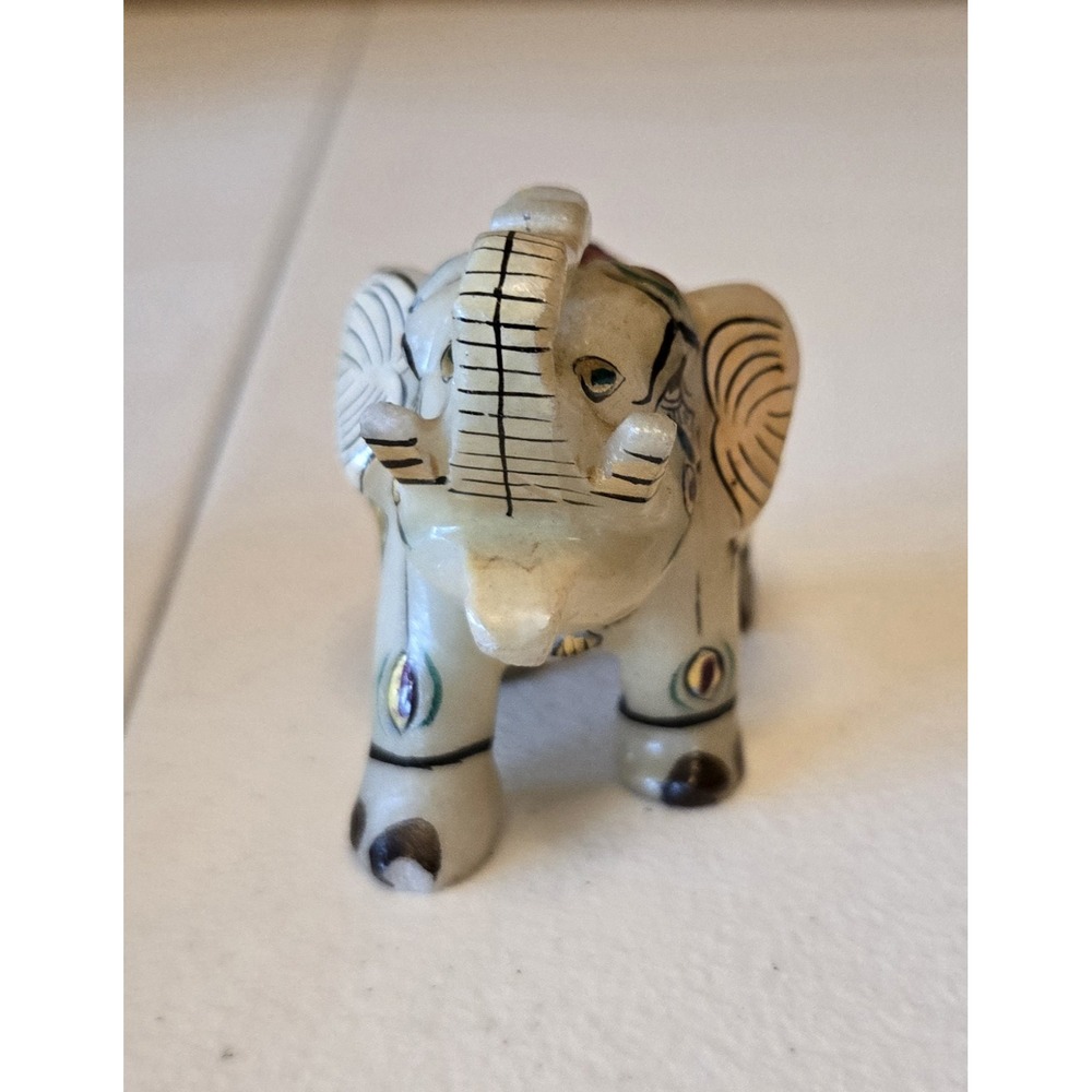 Marble Elephant Figurine Hand Painted Carved Indian Art‎ Trunk Up Pink Gold - Picture 2 of 7